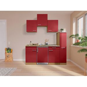 Goedkope keuken 180  cm - complete kleine keuken met apparatuur Luis - Eiken/Rood - keramische kookplaat  - koelkast  - mini keuken - compacte keuken - keukenblok met apparatuur
