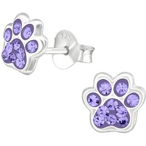 Joy|S - Zilveren kat hond dierenpoot oorbellen - 7 x 6 mm - violet paars kristal - poot afdruk - kinderoorbellen