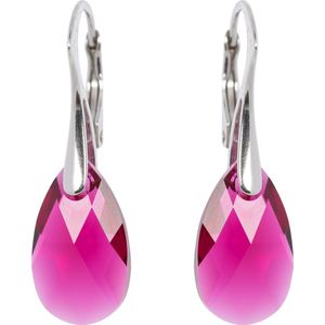 DBD - Zilveren Oorbellen - Druppel - Swarovski Kristal Elements - Robijn Rood - 16MM - Anti Allergisch
