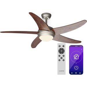 Klarstein Smart plafondventilator met verlichting - 132 cm diameter, 6 snelheidsstanden, zomer- en winterstand, te bedienen met afstandsbediening/voice command/smart app, energiezuinig, walnoot
