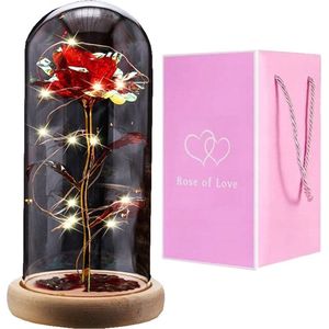 Liefdes Cadeau Rozen - Eeuwige Roos - 1x Goud / Rode Roos in glas stolp met LED Verlichting - Romantisch Cadeau voor vrouw, vriendin, haar, moeder - Verjaardag - Huwelijk - Kerst - Kunstbloemen