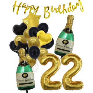 22 Jaar Verjaardag Cijferballon 22 - Feestpakket Snoes Ballonnen Pop The Bottles - Zwart Goud Groen Versiering
