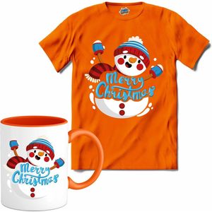 Merry christmas sneeuwpop - T-Shirt met mok - Meisjes - Oranje - Maat 12 jaar