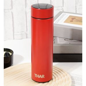 THAR Slimme Thermosfles – Rood – 0,5 Liter – LCD temperatuur Display – Dubbelwandige Thermosfles – Thermosbeker – Koffiebeker – Isoleerfles – Drinkflessen – Travel Mug - RVS