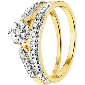 Lucardi Dames Dubbele ring 20 diamanten 0,10ct - Ring - Cadeau - Moederdag - 14 Karaat Goud - Geelgoud
