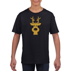 Rendier hoofd Kerst t-shirt - zwart met gouden glitter bedrukking - kinderen - Kerstkleding / Kerst outfit 164/176