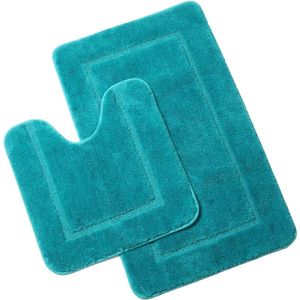Microfiber badmatten set 2-delig antislip wasbaar en absorberend (turquoise 53 x 86 cm + 50 x 50 cm)