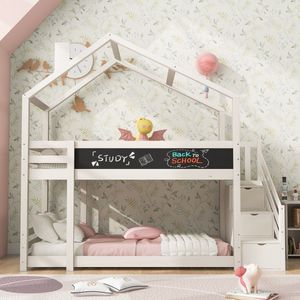 Kinderhoogslaper - hoogslaper in huisthema - met schouw&opberger&krijtbord - kinderstapelbed - 2 x lattenbodem - wit - 90*200 cm (zonder matras)