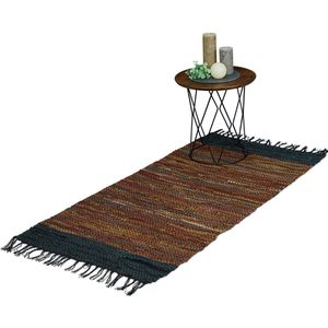 Relaxdays vloerkleed leder en katoen - tapijt met franjes - diverse kleuren - binnenkleed - Bruin, 70 x 140 cm