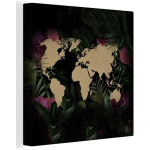 Canvas Wereldkaart - 50x50 - Wanddecoratie Wereldkaart - Bruin - Bloemen