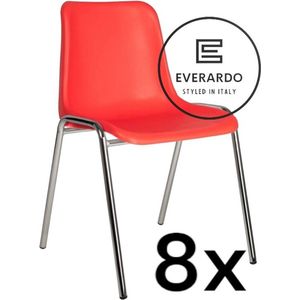 King of Chairs -set van 8- model KoC Everardo rood met verchroomd onderstel. Kantinestoel stapelstoel kuipstoel vergaderstoel tuinstoel kantine stoel stapel kantinestoelen stapelstoelen kuipstoelen stapelbare keukenstoel Helene eetkamerstoel