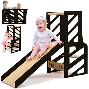 Yellies Leertoren - Learning Tower - Leertoren Keukenhulp - Keukentoren - Montessori Leertoren - 3 In 1 - Opvouwbaar - Incl. NL Handleiding - Zwart Hout