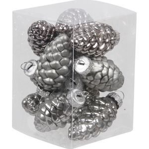 12x Dennenappel kersthangers/kerstballen titanium grijs van glas - 6 cm - mat/glans - Kerstboomversiering