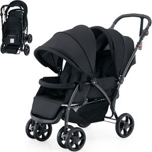 COSTWAY Broer en zussenwagen, inklapbaar, dubbele wagen met verstelbare rugleuning en kap, reisbuggy met ligfunctie, dubbele buggy voor baby's vanaf 6 maanden, 30 kg belastbaar (zwart)