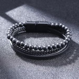 Leerella Armband dames en heren – dubbel snoer – zwart gevlochten leer rond - zwart matte steen - kralen - Leerella -zwart RVS sluiting - Model O - Valentijnsdag - Verjaardag - Cadeautjes