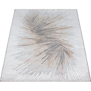 Karpet24 Vloerkleed Mila Modern laagpolig tapijt voor woonkamer, slaapkamer, met elegante glans, glansvezel, diep effect, crème-grijs-240 x 340 cm