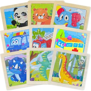 Kinderpuzzel Hout - Puzzel 9 stukjes - 9 puzzels - Puzzel voor peuter - Houten Puzzel - Dieren - Auto - Dinosaurus - Kinderspeelgoed - Uitdeelcadeaus - Cadeau - Jongen - Meisje - Speelgoed - 1 jaar - 2 jaar - 3 jaar - Kleuter - Dreumes