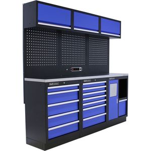 Kraftmeister werkplaatsinrichting - Werkbank met 3 wandkasten en RVS werkblad - Werktafel met 12 laden en gereedschapswand - Complete set voor werkplaats of garage - Blauw