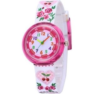 Bloemen horloge - kinderhorloge/ peuter horloge - educatief horloge- meisjes - roze / wit - 30 mm - I-deLuxe verpakking