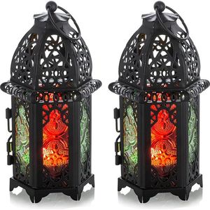 Metalen kleine theelichthouders, 2 stuks, bruiloft, middenstukken, kleurrijk, glas, hangende lantaarns, bruiloft, huis, tafeldecoratie, vogelkooi, zwart, kaarshouder, Marokkaanse lamp