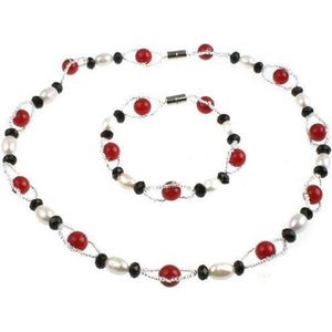 Zoetwaterparel set met kristallen Santa - parelketting + parel armband - magneetslot - wit - zwart - rood