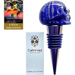 Catrinaz® - Wijnstopper - Premium flessenstop met skull in lapis lazuli natuursteen - Luxe gift box - Uniek geschenk - Inclusief E-BOOK Tequila, Mezcal