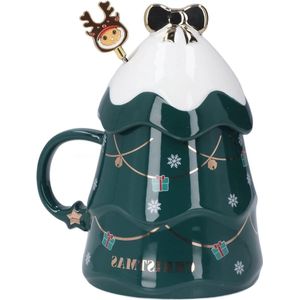 500 Ml Grote Capaciteit Keramische Theemelkbeker Koffiemok Met Deksellepel Voor Kerstvakantiecadeaus - Groente