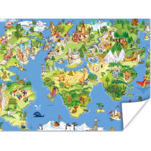 Poster kinderen - Kinderkamer decoratie - Wereldkaart - Kinderen - Natuur - Dieren - Blauw - Groen - Kinder decoratie - 80x60 cm - Poster kinderkamer