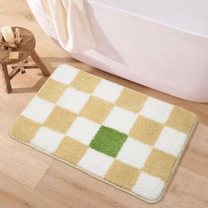 Badkamertapijt, antislip, wasbaar, 50 x 80 cm, badmat, absorberende badmat, zachte microvezel met vierkant, geel