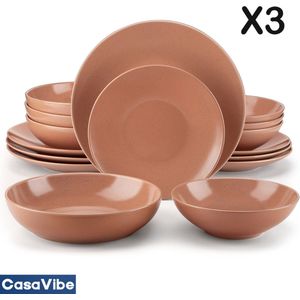 CasaVibe Luxe Serviesset – 48 delig – 12 persoons – Porselein - Bordenset – Dinner platen – Dessertborden - Kommen - Mokken - Set - Bruin