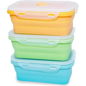 Siliconen opvouwbare containers, verpakking van 3 lunchtrommel, voedselveilige siliconen, opvouwbaar, herbruikbaar, inklapbaar, veilig voor op de camping, op reis, 550 ml, oranje, groen, blauw
