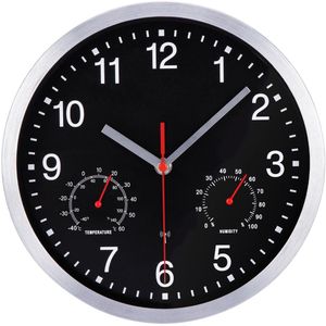 VIVILINEN Radiogestuurde klok met thermometer en hygrometer, stille wandklok zonder tikken, radiogestuurde wandklok, stille wandklok, niet-tikkend, hangklok voor woonkamer, slaapkamer, kantoor, keuken, 10 inch (zwart)