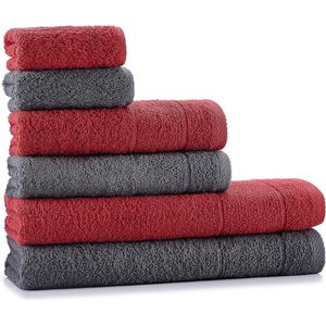 Premium 6-dlg. badstof handdoeken set 2 badhanddoeken + 2 handdoeken + 2 gastendoekjes | % 100 katoenen handdoeken set 6-delig | premium kwaliteit | kleur: antraciet grijs - rood