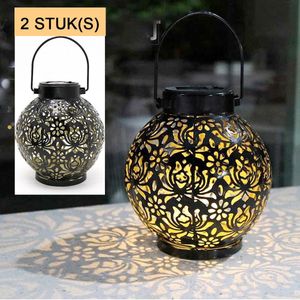 Tuinverlichting op zonne energie-Solar Tuinverlichting -Solar Hangende Lantaarn Set 2st-Projectie tuinverlichting-Metaal lantaarn- IP65 waterdicht -Vintage-Hangend-Voor balkon-Decoratie voor buiten-patio-terras-muur-tafel(warm wit)
