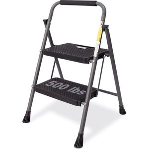2-staps ladder, opvouwbare krukkruk met breed anti-slip pedaal, stabiele stalen ladder, comfortabele handgreep, lichte 228 kg draagbare stalen kruk, grijs