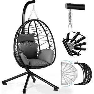 IBBO® - Egg Hangstoel - Hangstoel met standaard - Egg Chair - tot 150kg - Hangstoel met grijs kussen Grijs - Zwart