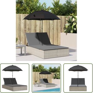 The Living Store Ligbed met parasol - 2-persoons - PE-rattan - Afneembare kussenhoezen - Grijs - 200 x 164 x 176 cm