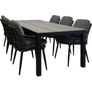 7-delige tuinset | 6 Isabel tuinstoelen (Black) | 225cm Cyprus tuintafel (Grey)