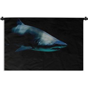 Wandkleed Roofdieren - Boze haai op een zwarte achtergrond Wandkleed katoen 120x80 cm - Wandtapijt met foto