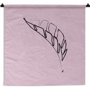 Wandkleed Botanische line-art - Dik penseel - 22 - Line-art illustratie van een blad op een roze achtergrond Wandkleed katoen 90x90 cm - Wandtapijt met foto