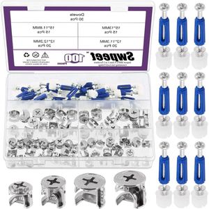 100 stuks 4 maten 3-in-1 Meubelverbinding Cam Lock met blauwe dowel bouten - Voor kasten, bedden en meubels