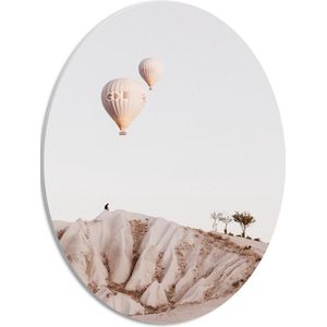 WallClassics - PVC Schuimplaat Ovaal - Beige en Bruine Luchtballonnen boven Rotslandschap - 30x40 cm Foto op Ovaal (Met Ophangsysteem)