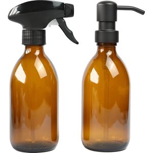 Groeikruid® Keukensetje | Zeepdispenser en Spray | Vrijstaand en Hervulbaar | 300 ml + 300 ml | Amber glas | RVS Zeeppompje | Plantenspuit | Schoonmaakset Zwart