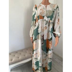 Modest Boho Maxi Jurk Dames - Casual & Elegant - Lange Mouwen - Zwierig en Comfortabel - Hoge Hals - Wijd Model - Print Jurk - Luchtig - Groen/Beige - Herfst-Lente-Zomer- maat M