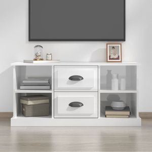 The Living Store TV-meubel - Trendy en praktisch - Opbergruimte- 4 open vakken en 2 lades - 99.5 x 35.5 x 48 cm - Kleur- Hoogglans wit - Materiaal- Bewerkt hout