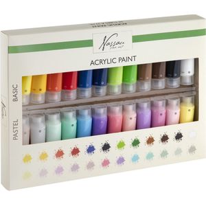 Nassau Fine Art - Acrylverf set - 24 x 22ML | 12 pastel kleuren + 12 basis kleuren | hobbyverf