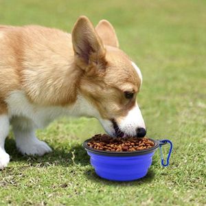 Opvouwbare honden reis bak - Puppy kom - Siliconen drinkbak inklapbaar - Draagbaar waterbakje hondenbak reiskom met Karabijnhaak - Blauw 2 stuks à 450 ML