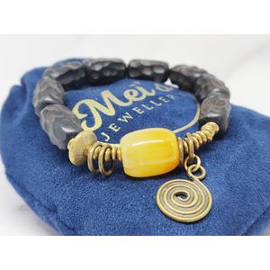 Mei's Tibetan Ebony Copper - Tibetaanse armband dames - Edelsteen / Gele Jade / Hout / Ebbenhout - polsmaat 15,5 cm / geel / zwart / koper