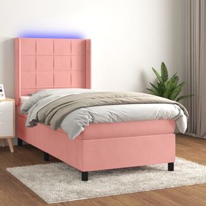 The Living Store Bed - Roze Fluweel - 203x93x118/128 cm - Verstelbaar hoofdbord - LED verlichting - Pocketvering matras - Huidvriendelijk topmatras