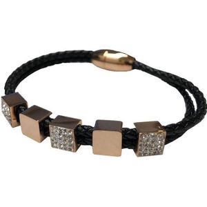 Silventi 980101952 Lederen armband met metalen elementen - zirkonia - zwart - rosegoudkleurig